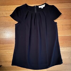 LOFT Black Cap Sleeve Top with Gathered Neckline and Back Zip Detail